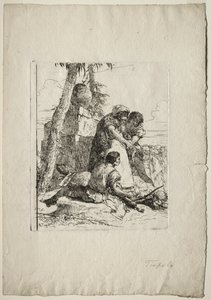 Scherzi di Fantasia: Mágico apontando uma cabeça ardente para dois jovens, de 1750. de Giovanni Battista Tiepolo