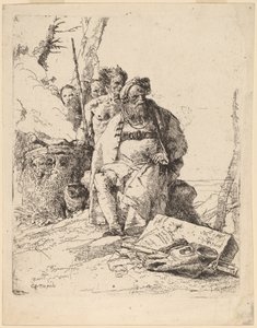 Mago sentado com outras figuras ao lado de um altar de Giovanni Battista Tiepolo