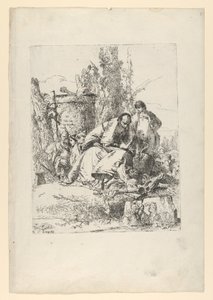 Mágico sentado, menino e quatro figuras do Scherzi di Fantasia, ca. 1743-50. de Giovanni Battista Tiepolo