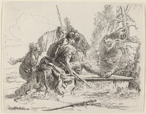 Soldado sentado em um túmulo com figuras ao redor de Giovanni Battista Tiepolo