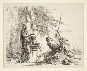 Mulher em pé e homem sentado diante de um obelisco, da série Vari Capricci de Giovanni Battista Tiepolo