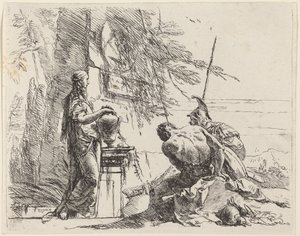 Mulher em pé e homens sentados diante de um obelisco de Giovanni Battista Tiepolo