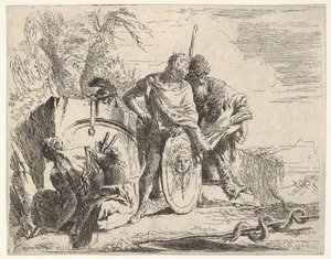 Três figuras e uma cobra enrolada em volta de um cajado, cercado por uma paisagem, o século XVIII. de Giovanni Battista Tiepolo