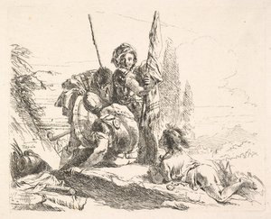 Três soldados e um jovem deitado em seu abdômen em uma paisagem, os soldados carregam um ..., ca. 1740-42. de Giovanni Battista Tiepolo
