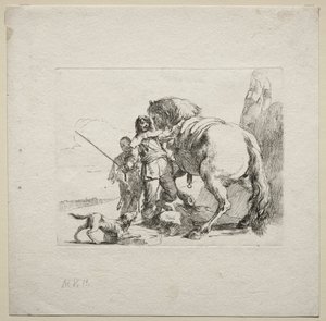 Vários caprichos: o cavaleiro montando seu cavalo de Giovanni Battista Tiepolo