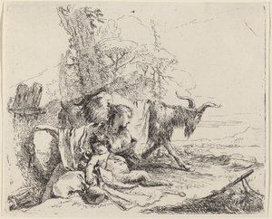 Mulher, criança sátira e cabra em uma paisagem de Giovanni Battista Tiepolo