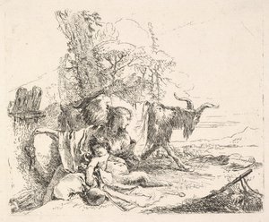 Mulher e sátiro infantil em uma paisagem, a mulher girando para olhar por cima de sua flecha esquerda, ca. 1740-42. de Giovanni Battista Tiepolo