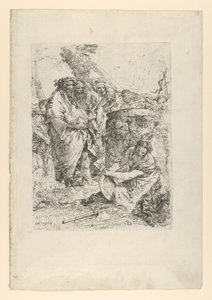 Mulher ajoelhada na frente de mágicos e outras figuras, do Scherzi, ca. 1743-50. de Giovanni Battista Tiepolo