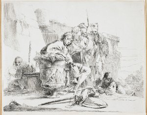 Homem jovem, sentada, inclinar-se, contra, um, urna, prato, de, Vari, Capricci, (Various, Caprices), 1740s de Giovanni Battista Tiepolo