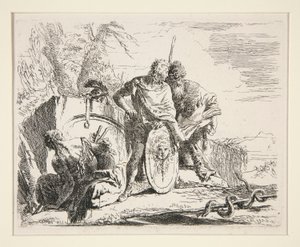 Jovem Soldado com Filósofo e Mulher Sentada, da série Vari Capricci de Giovanni Battista Tiepolo