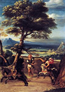 Paisagem com Absalão ferido pela lança de Joabe de Giovanni Battista Viola (1576-1622), óleo sobre cobre, 45x34 cm de Giovanni Battista Viola