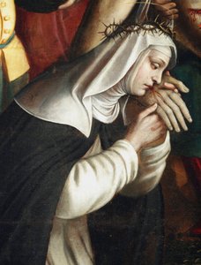 La deposição Detalhe representante santa Catarina de Sena - (Detalhe do depoimento mostrando Santa Catarina de Sena) Pintura de Giovanni Battista Secco dit il Caravaggino (ativo 1572-1625) 1616 Capela de Santa Corona, Basílica de Santa Maria delle Grazi de Giovanni Battista called Caravaggino Secco