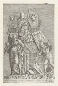 Troféu de armas, uma figura feminina e anjos
Tropoea marmorea ut aliqui existiman (...) (título sobre o objecto)
Esculturas antigas em Roma (título da série)
Antiquarum statuarum urbis Romae quae in publicis locis visuntur icones (título da série) de Giovanni Battista de