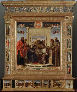 Altarpe Bellini: parte central "coroação da Virgem entre São Pedro e São Paulo (esquerda) e São Jerônimo e São François de Assis (direita)". Pintura a óleo e cânhamo de Giovanni Bellini (cerca de 1432-1516) disse il Giambellino. 1475 aproximadamente Su de Giovanni Bellini