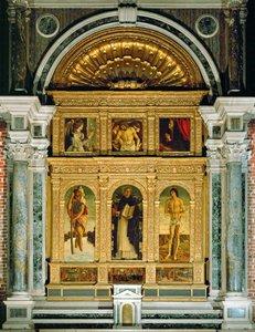 Anunciação e Pietá, São Cristóvão, São Domingos e São Sebastião, predela: milagres de São Vincenzo Ferreri (pintura sobre madeira) de Giovanni Bellini