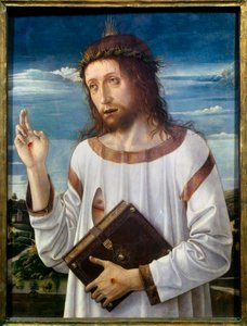 Christ Benching Painting de Giovanni Bellini dit il Giambellino (1430-1516) 1460 Sol. 0,58x0,46 m - Bênção de Cristo. Pintura de Giovanni Bellini chamada Giambellino (1430-1516) 1460. 0,58 x 0,46 m. Museu do Louvre, Paris. de Giovanni Bellini