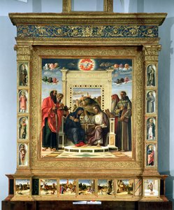 Coroação da Virgem com SS. Paulo, Pedro, Jerônimo e Francisco de Assis com cenas da vida dos santos no painel de predelas, conhecido como retábulo de Pala di Pesaro, c.1474 (óleo no painel de Giovanni Bellini