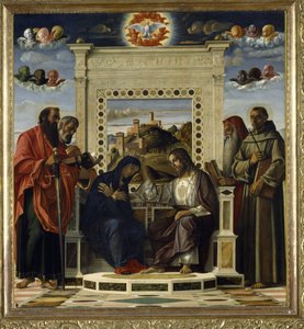 Coroação da Virgem com as SS. Paulo, Pedro, Jerônimo e Francisco de Assis com cenas da vida dos santos no painel de predella, conhecido como o retábulo 