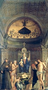 Madonna e criança entronizado entre SS. Francisco, João Batista, Jó, Domingos, Sebastião e Luís (o Retábulo de São Giobbe) c.1487 (para detalhes ver 61101 e 276359) de Giovanni Bellini