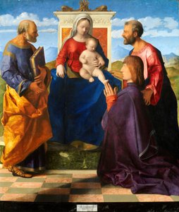 Madonna e criança entronizada com santos e doador, 1505. de Giovanni Bellini