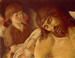 Pieta ou Cristo Morto Apoiado por Anjos, ca 1474, por Giovanni Bellini (1431-36 - 1516), tempera no painel, 91x131 cm. Detalhe. de Giovanni Bellini
