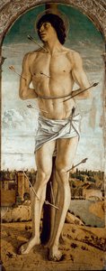 Políptico de São Vicente Ferrier: São Sebastião (Políptico de São Vicente Ferrer: São Sebastião) Pintura de Giovanni Bellini dit il Giambellino (ca. 1432-1516) 1464-1468 Dim 167x67 cm Veneza Chiesa dei Santi Giovanni e Paolo de Giovanni Bellini