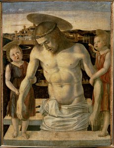 O Cristo morto apoiado por dois anjos ... de Giovanni Bellini