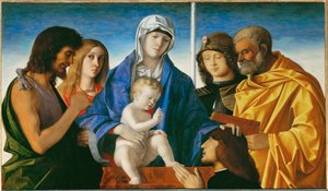 Virgem e menino com os santos João Batista, Madalena, Jorge e Pedro ... de Giovanni Bellini