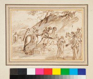 Um encontro entre dois homens, cavalos e camelos em segundo plano (caneta e tinta marrom e aguada cinza) de Giovanni Benedetto Castiglione
