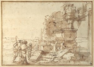 "Et in Arcadia Ego... (caneta e tinta castanha com lavagem castanha sobre giz preto no papel) de Giovanni Benedetto Castiglione