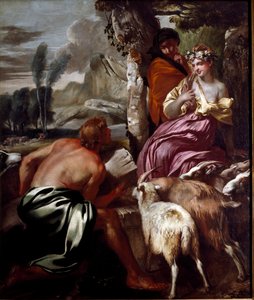 Jacob encontra Rachel no poço Pintura de Giovanni Benedetto Castiglione dit il Grechetto (1610-1665) Genes do século XVII, coleção particular de Giovanni Benedetto Castiglione