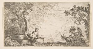 Um sátiro reclinado ao pé de um staute de Priapus, cabras à direita, ca. 1645-48. de Giovanni Benedetto Castiglione