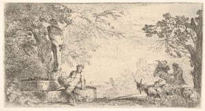 Um sátiro reclinado ao pé de um staute de Priapus, cabras à direita, ca. 1645-48. de Giovanni Benedetto Castiglione