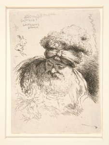 Um velho com uma grande barba, visto de frente, com a cabeça e os olhos abaixados, da série Les petites tetes d de Giovanni Benedetto Castiglione