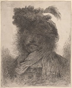 Homem barbudo com rosto sombreado, usando um lenço e um chapéu emplumado de Giovanni Benedetto Castiglione