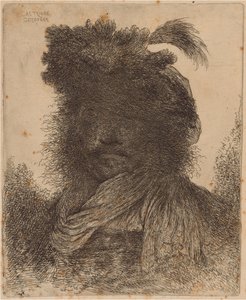 Homem barbudo com rosto sombreado, usando um lenço e um chapéu emplumado de Giovanni Benedetto Castiglione