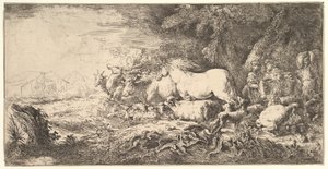 Na entrada dos animais na arca de Noé, três homens seguem quadrúpedes e pássaros caminham ..., ca. 1650-55.
