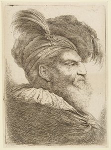 Cabeça de um homem barbudo com chapéu de plumas de Giovanni Benedetto Castiglione