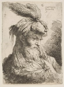 Cabeça de um homem barbudo com um turbante voltado para a direita, da série Small Heads ..., ca. 1645-1650. de Giovanni Benedetto Castiglione