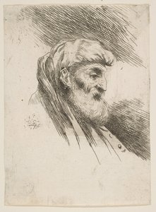 Cabeça de um velho barbudo virado para a direita, da série Small Heads in Orien ..., ca. 1645-1650. de Giovanni Benedetto Castiglione