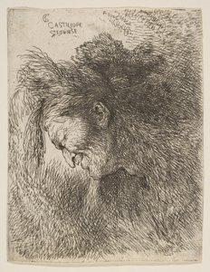 Cabeça de um velho olhando para baixo, de frente para a esquerda, da série Small Heads in ..., ca. 1645-1650. de Giovanni Benedetto Castiglione