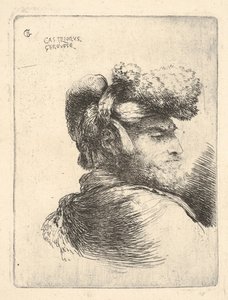 Homem de perfil virado para a direita, usando um chapéu de pele, da série Small Heads in Or ..., ca. 1645-1650. de Giovanni Benedetto Castiglione
