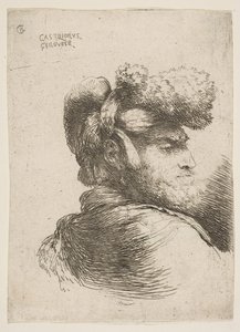 Homem de perfil virado para a direita, usando um chapéu de pele, da série Small Heads in Or ..., ca. 1645-1650. de Giovanni Benedetto Castiglione