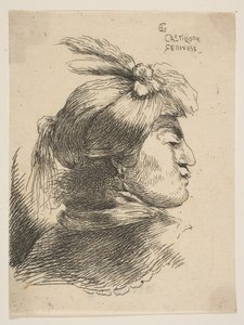 Homem vestindo um pequeno turbante Oonamented com plumas e fita, virado para a direita, de ..., ca. 1645-1650. de Giovanni Benedetto Castiglione