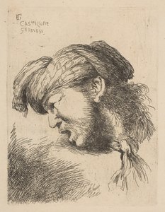 Homem de turbante, gravata presa ao pescoço, virada para a esquerda, da série ..., ca. 1645-50. de Giovanni Benedetto Castiglione
