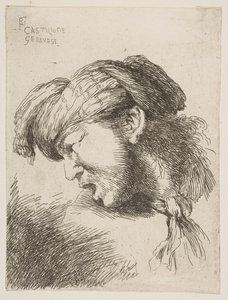 Homem de turbante, gravata presa ao pescoço, virada para a esquerda, da série de ..., 1645-1650. de Giovanni Benedetto Castiglione