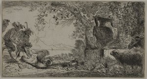 Pan reclinada diante de um grande vaso de Giovanni Benedetto Castiglione