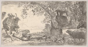 Pan reclinado à esquerda com dois sátiros em pé, um vaso grande em um pedestal à direita, ca. 1645 de Giovanni Benedetto Castiglione
