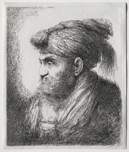 As grandes cabeças de homens em cocar oriental: um homem quase de perfil e virado para a esquerda de Giovanni Benedetto Castiglione