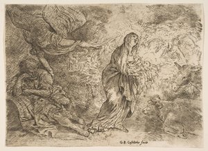 O anjo que desperta José para a presença da Virgem e do Menino, ca. 1645-49. de Giovanni Benedetto Castiglione